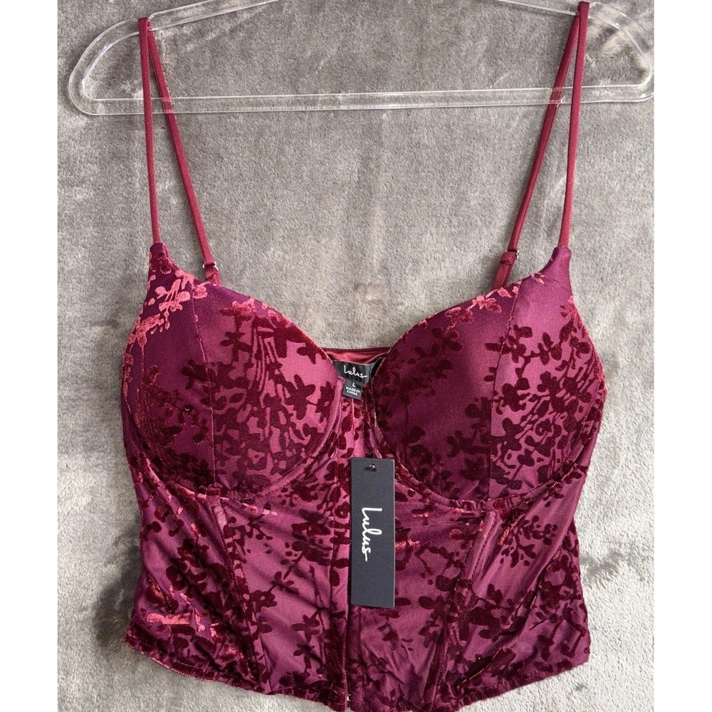 Lulus Burgundy Velvet Bustier Crop Top Womens‎ Large Underwire Floral Corset NWT